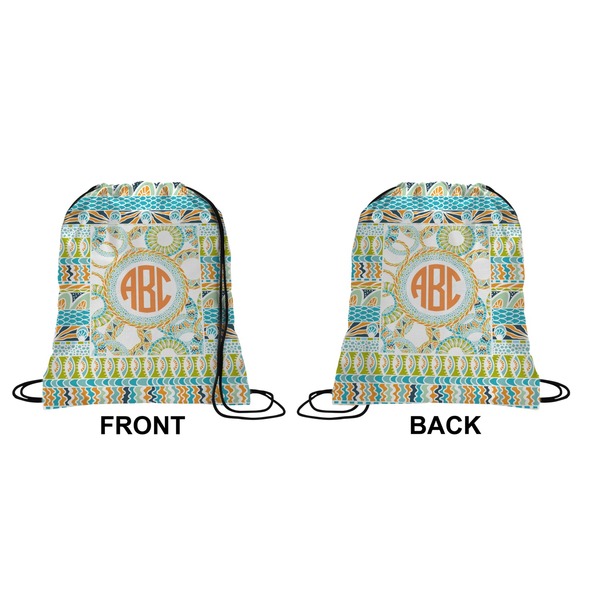 Teal Ribbons & Labels Drawstring Backpack Front & Back Small