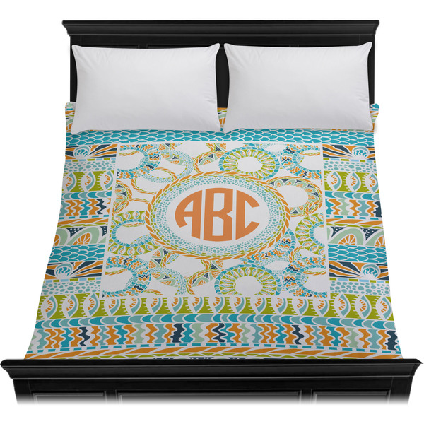 Teal Ribbons & Labels Duvet Cover - Queen - On Bed - No Prop