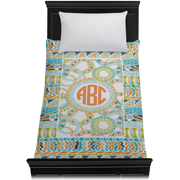 Teal Ribbons & Labels Duvet Cover - Twin - On Bed - No Prop