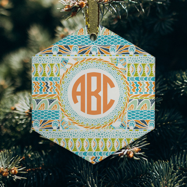 Teal Ribbons & Labels Frosted Glass Ornament - Hexagon (Lifestyle)