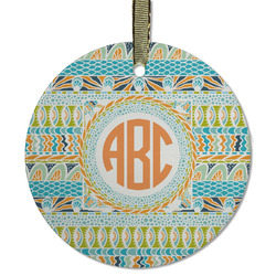 Teal Ribbons & Labels Flat Glass Ornament - Round w/ Monogram