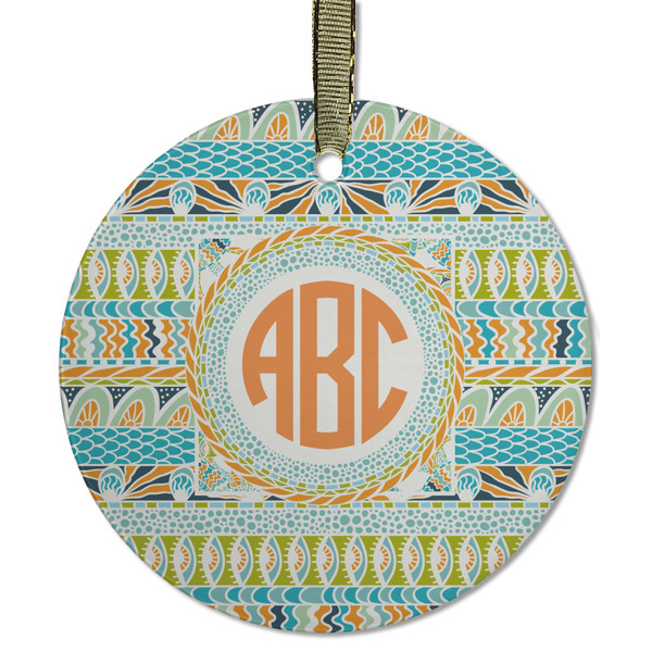 Custom Teal Ribbons & Labels Flat Glass Ornament - Round w/ Monogram