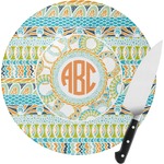 Teal Ribbons & Labels Round Glass Cutting Board (Personalized)