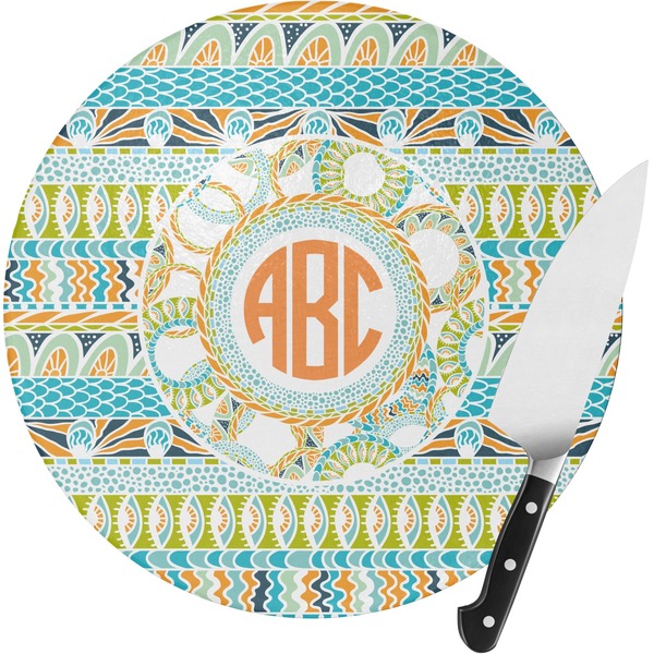 Custom Teal Ribbons & Labels Round Glass Cutting Board - Medium (Personalized)