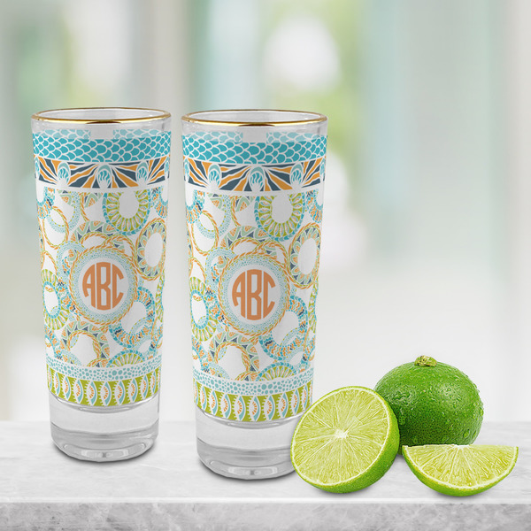 Teal Ribbons & Labels Glass Shot Glass - 2 oz - LIFESTYLE