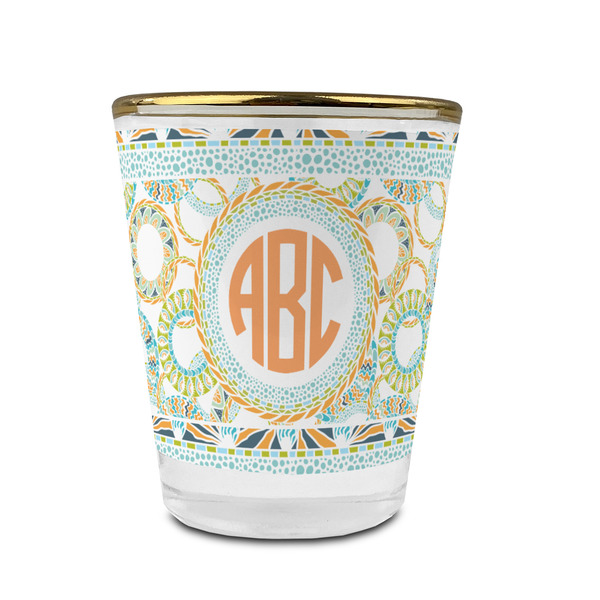 Teal Ribbons & Labels Glass Shot Glass - With gold rim - FRONT