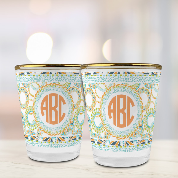 Teal Ribbons & Labels Glass Shot Glass - with gold rim - LIFESTYLE