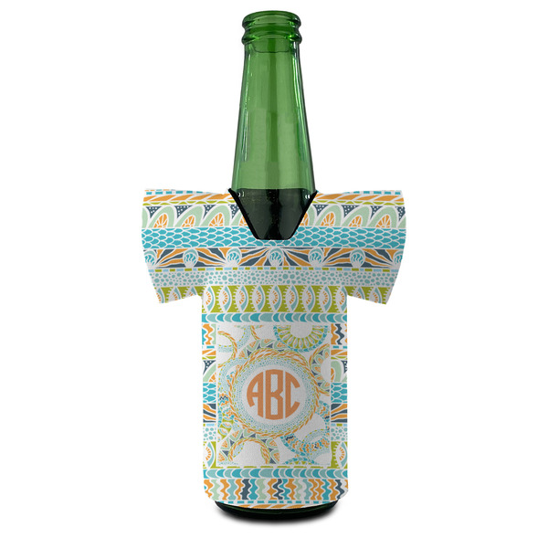 Teal Ribbons & Labels Jersey Bottle Cooler - FRONT (on bottle)