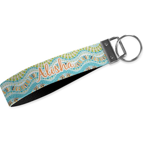 Custom Teal Ribbons & Labels Wristlet Webbing Keychain Fob (Personalized)