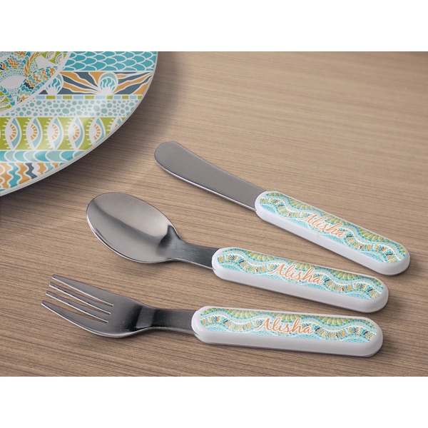 Teal Ribbons & Labels Kids Flatware w/ Plate