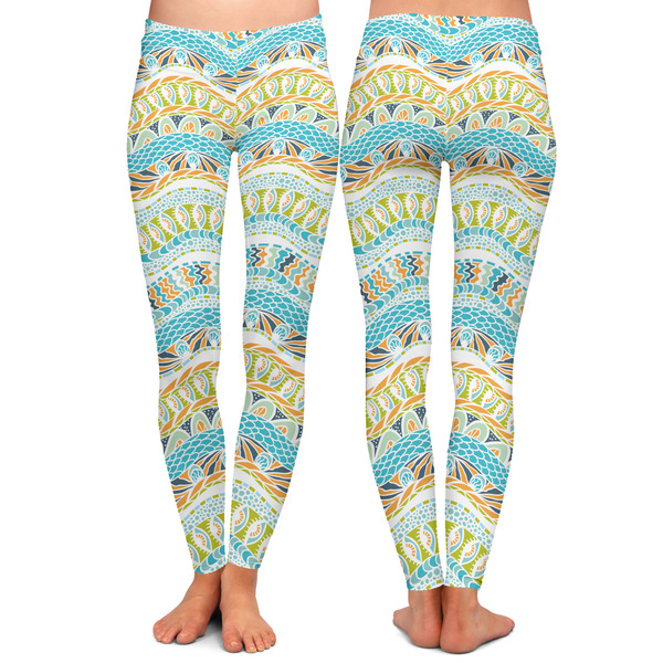 Teal Ribbons & Labels Ladies Leggings - Front and Back