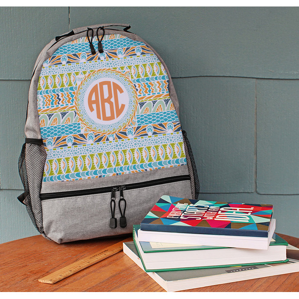 Teal Ribbons & Labels Large Backpack - Gray - On Desk
