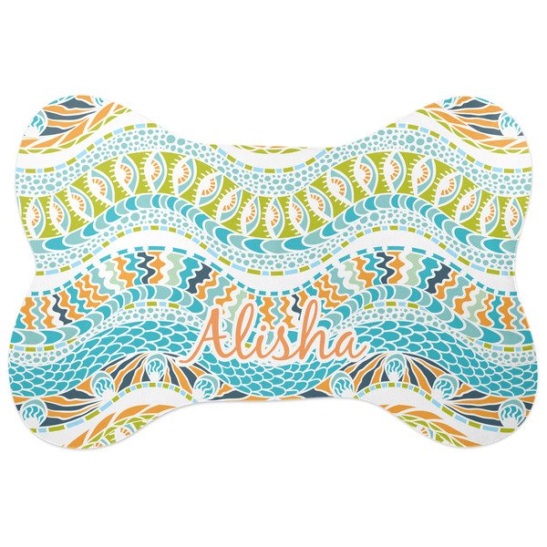 Custom Teal Ribbons & Labels Bone Shaped Dog Food Mat (Personalized)