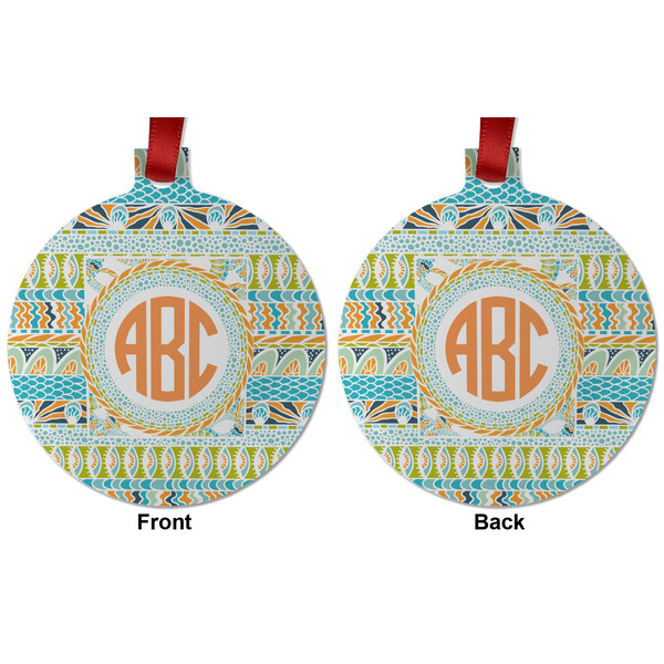 Teal Ribbons & Labels Metal Ball Ornament - Front and Back