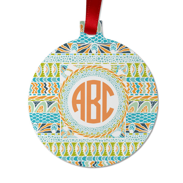 Custom Teal Ribbons & Labels Metal Ball Ornament - Double Sided w/ Monogram
