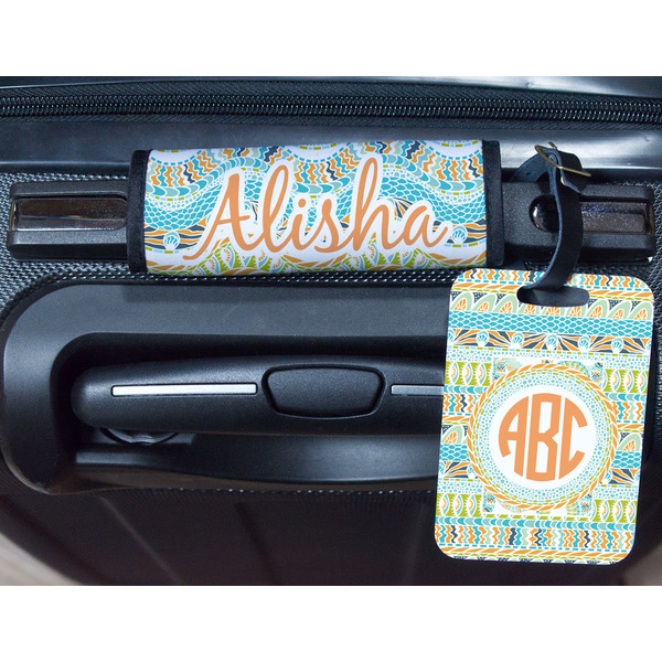 Teal Ribbons & Labels Metal Luggage Tag & Handle Wrap - In Context
