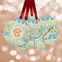 Teal Ribbons & Labels Metal Ornaments - Double Sided w/ Monogram