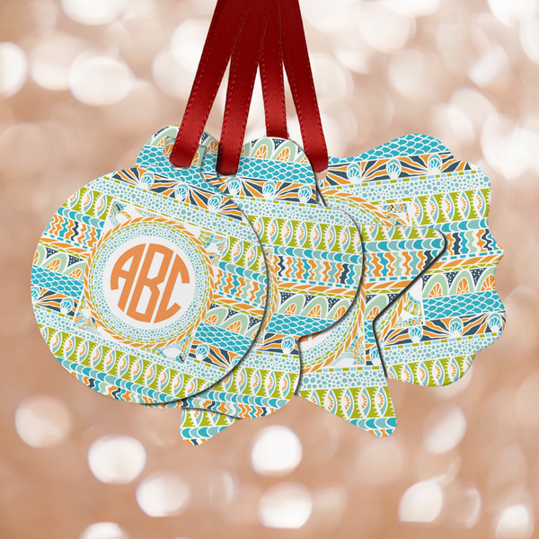 Custom Teal Ribbons & Labels Metal Ornaments - Double Sided w/ Monogram