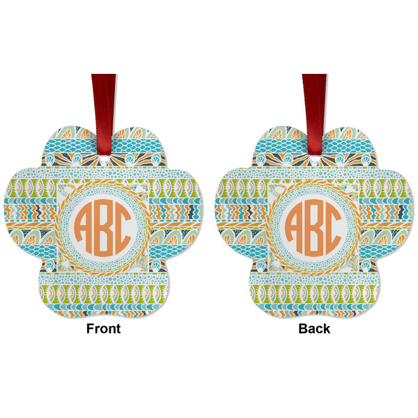 Teal Ribbons & Labels Metal Paw Ornament - Front and Back