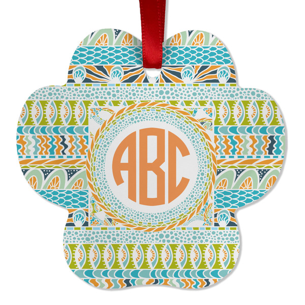 Custom Teal Ribbons & Labels Metal Paw Ornament - Double Sided w/ Monogram