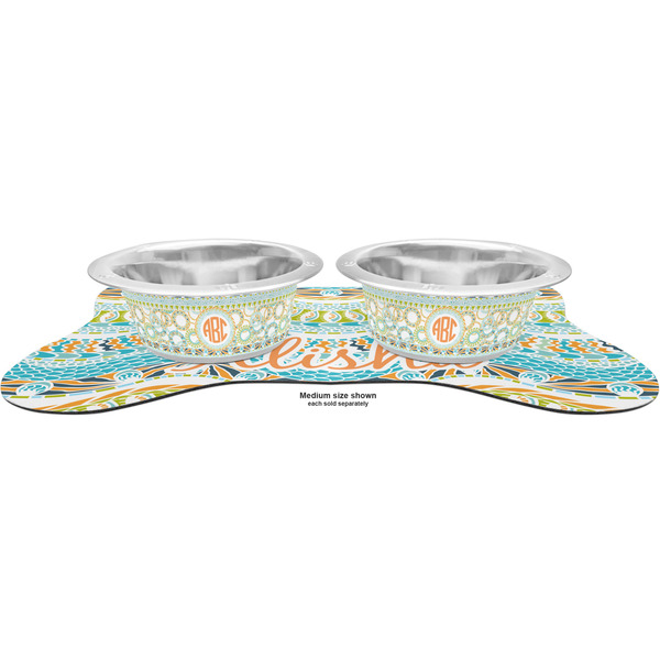 Teal Ribbons & Labels Metal Pet Bowls - On Dog Bone Shaped Mat