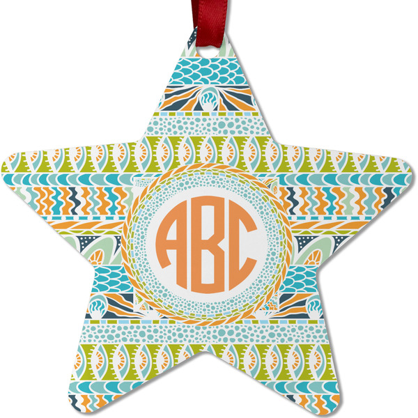 Custom Teal Ribbons & Labels Metal Star Ornament - Double Sided w/ Monogram