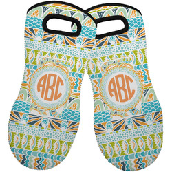 Teal Ribbons & Labels Neoprene Oven Mitts - Set of 2 w/ Monogram