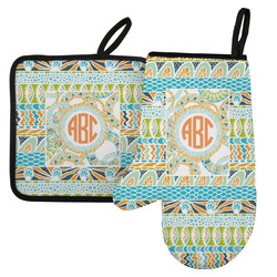 Teal Ribbons & Labels Left Oven Mitt & Pot Holder Set w/ Monogram