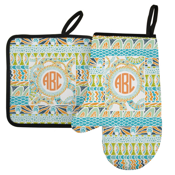 Custom Teal Ribbons & Labels Left Oven Mitt & Pot Holder Set w/ Monogram