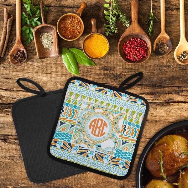 Teal Ribbons & Labels Neoprene Pot Holder - Set of 2  LIFESTYLE (Flatlay)