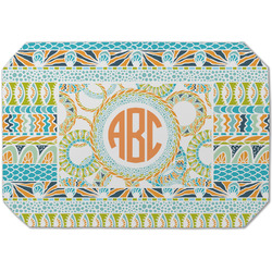 Teal Ribbons & Labels Dining Table Mat - Octagon (Single-Sided) w/ Monogram