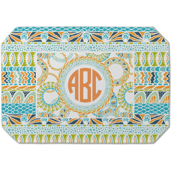 Custom Teal Ribbons & Labels Dining Table Mat - Octagon (Single-Sided) w/ Monogram