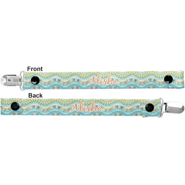 Teal Ribbons & Labels Pacifier Clip - Front and Back