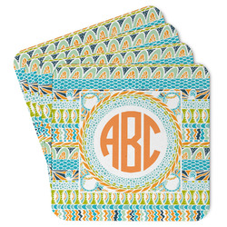 Teal Ribbons & Labels Paper Coasters w/ Monograms