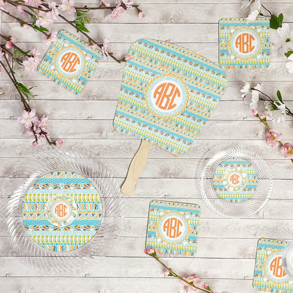 Teal Ribbons & Labels Party Supplies Combination Image - All items - Plates, Coasters, Fans