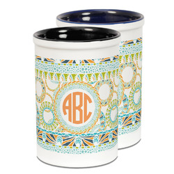 Teal Ribbons & Labels Ceramic Pencil Holder - Large