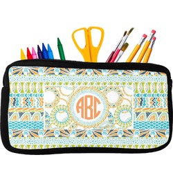 Teal Ribbons & Labels Neoprene Pencil Case - Small w/ Monogram