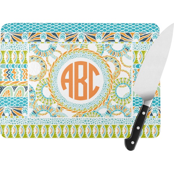 Custom Teal Ribbons & Labels Rectangular Glass Cutting Board (Personalized)