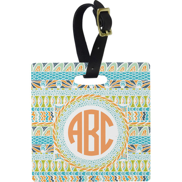 Custom Teal Ribbons & Labels Plastic Luggage Tag - Square w/ Monogram