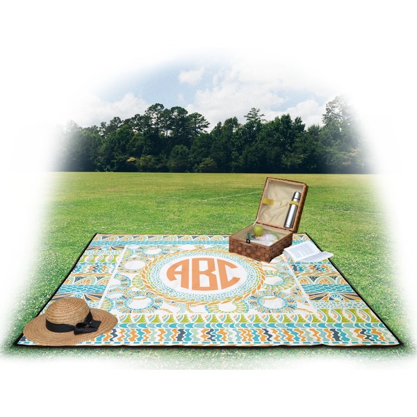 Teal Ribbons & Labels Picnic Blanket - with Basket Hat and Book - in Use