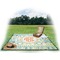 Teal Ribbons & Labels Picnic Blanket - with Basket Hat and Book - in Use