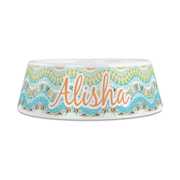 Teal Ribbons & Labels Plastic Dog Bowls - Medium - FRONT