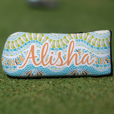 Custom Teal Ribbons & Labels Blade Putter Cover (Personalized)