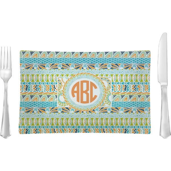 Custom Teal Ribbons & Labels Glass Rectangular Lunch / Dinner Plate (Personalized)