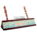 Teal Ribbons & Labels Red Mahogany Nameplate with Business Card Holder (Personalized)