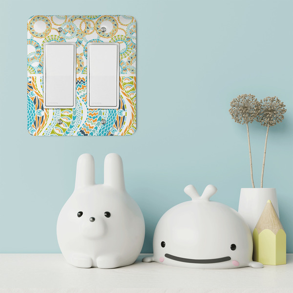 Teal Ribbons & Labels Rocker Light Switch Covers - Double - IN CONTEXT