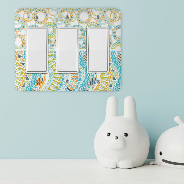 Teal Ribbons & Labels Rocker Light Switch Covers - Triple - IN CONTEXT