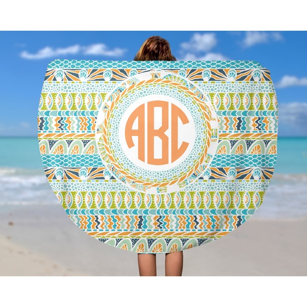 Teal Ribbons & Labels Round Beach Towel - In Use