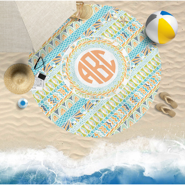 Teal Ribbons & Labels Round Beach Towel Lifestyle