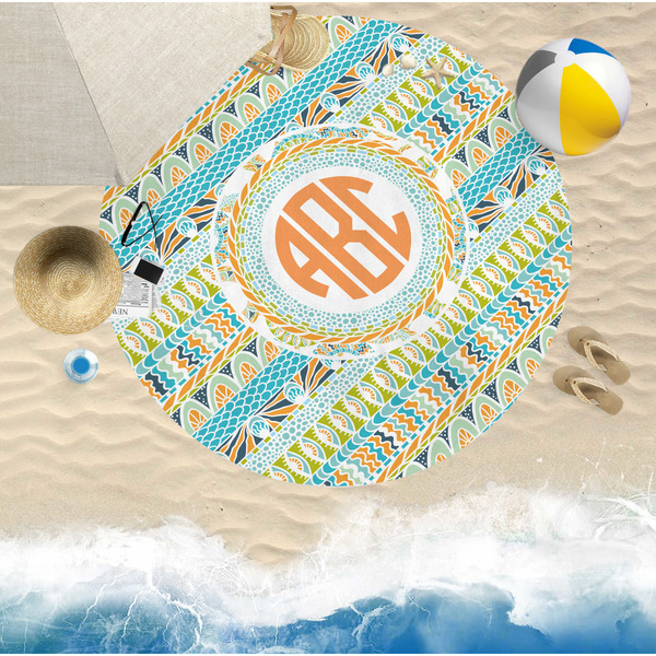 Teal Ribbons & Labels Round Beach Towel Lifestyle